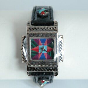 Vtg 80s 90s Watch Southwest Turquoise Inlay NOS Rainbow Timepiece